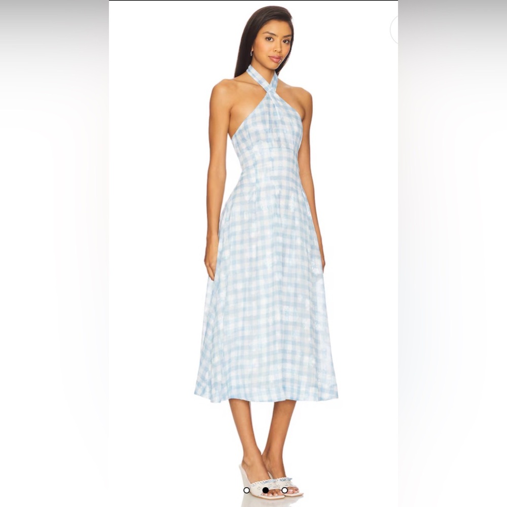 NWT For Love and Lemons Claudette Gingham Midi Dress in Light Blue + White - Picture 2 of 15